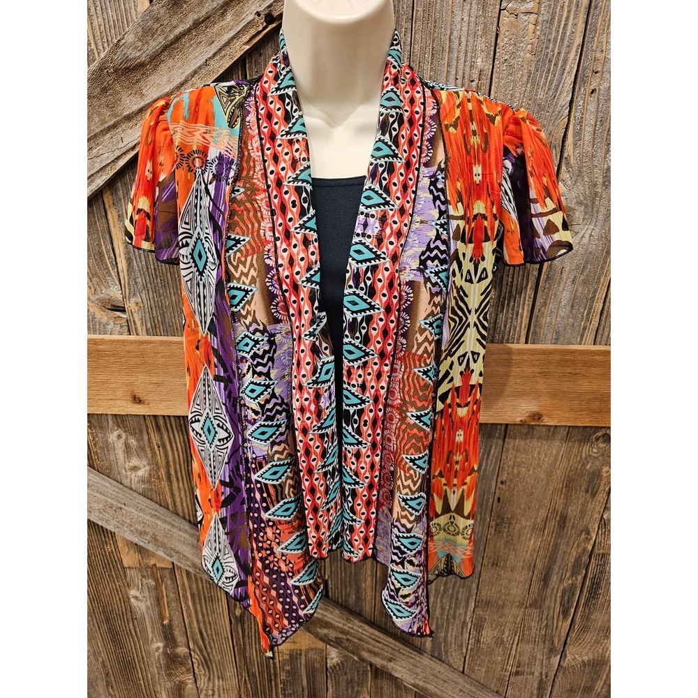 Sara Michelle PM PETITE layering 2 in 1 tank cardigan geometric tribal ^